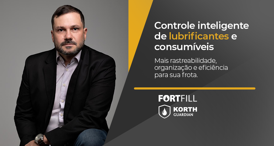 Portrait of a man in a blazer on the left; the right side shows Portuguese text about intelligent control of lubricants and consumables, with Fortfill and KORTH Guardian logos.