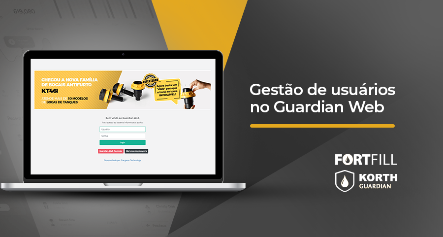 Tela de gestão de usuários no sistema Korth Guardian Web com perfis de acesso e permissões
