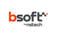 bsoft logo with orange 'b' and gray 'soft', and 'by mstech' text below.