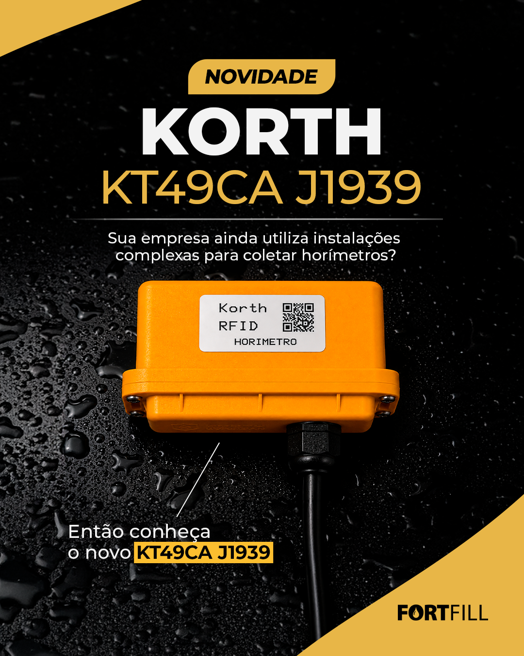 Poster anunciando o novo KORTH KT49CA J1939 com horímetro RFID laranja em fundo preto.