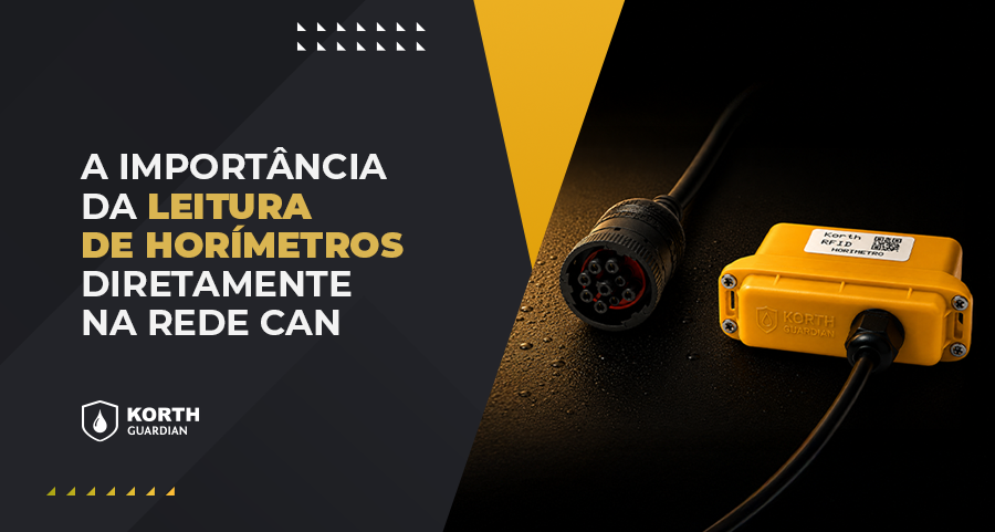 Banner informativo sobre a importância da leitura de horímetros na rede CAN, com dispositivo amarelo à direita e conector preto.